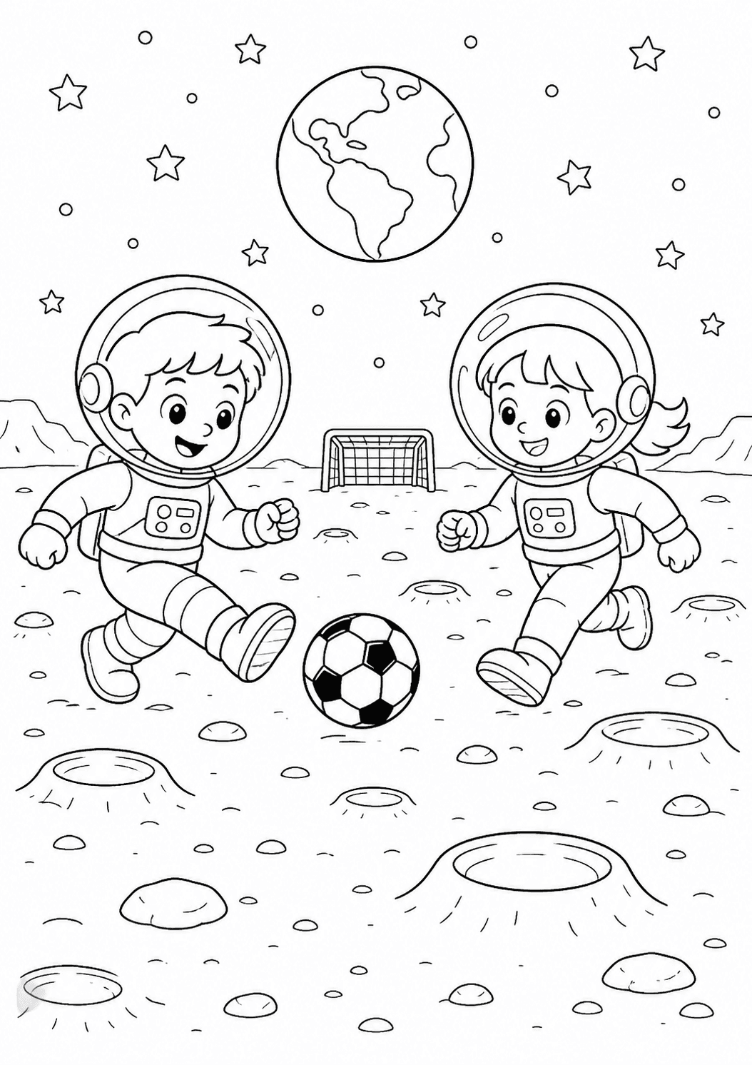 Crianças astronautas jogando futebol na Lua para colorir