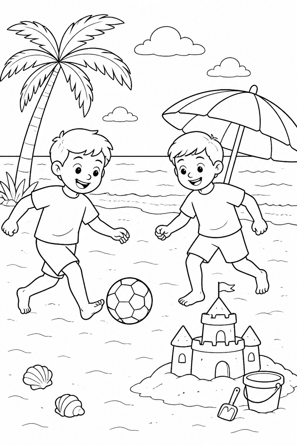 Crianças jogando futebol na praia para colorir