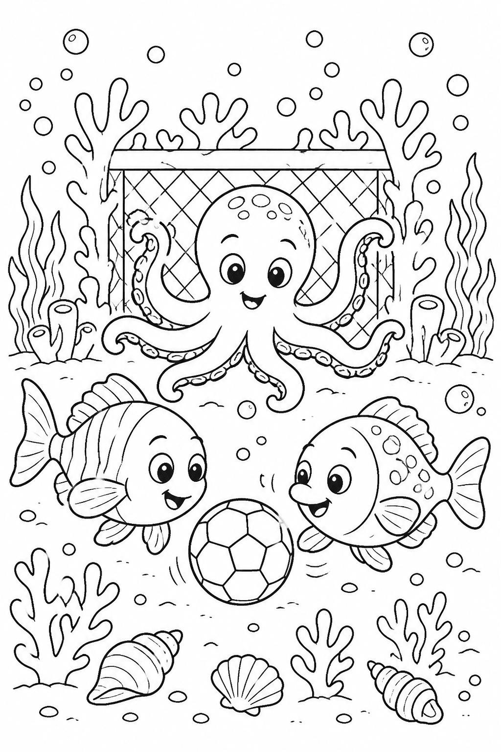 Peixes e polvo jogando futebol no fundo do mar para colorir
