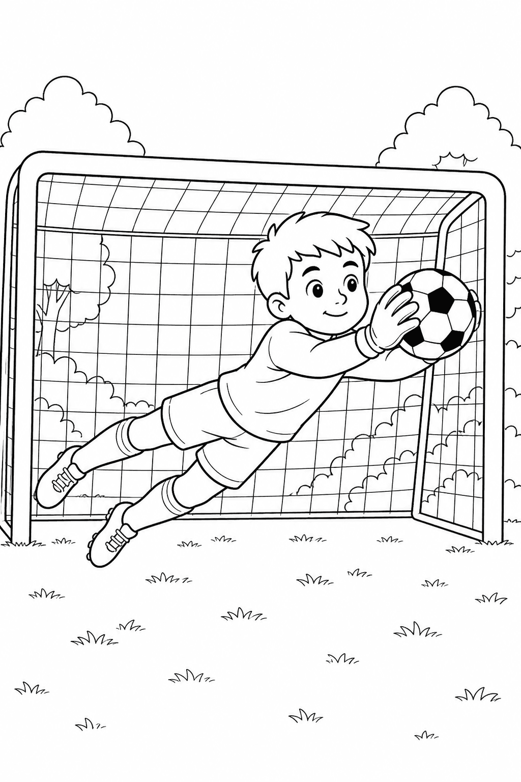 Goleiro fazendo uma defesa de futebol para colorir