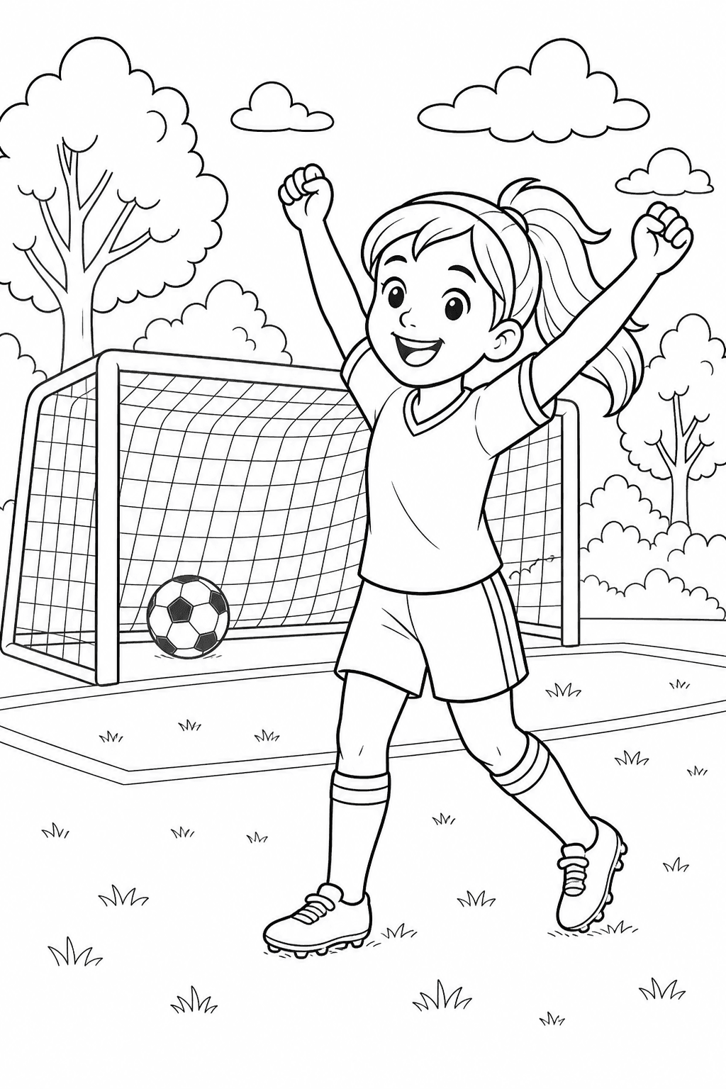 Jogadora de futebol comemorando um gol para colorir