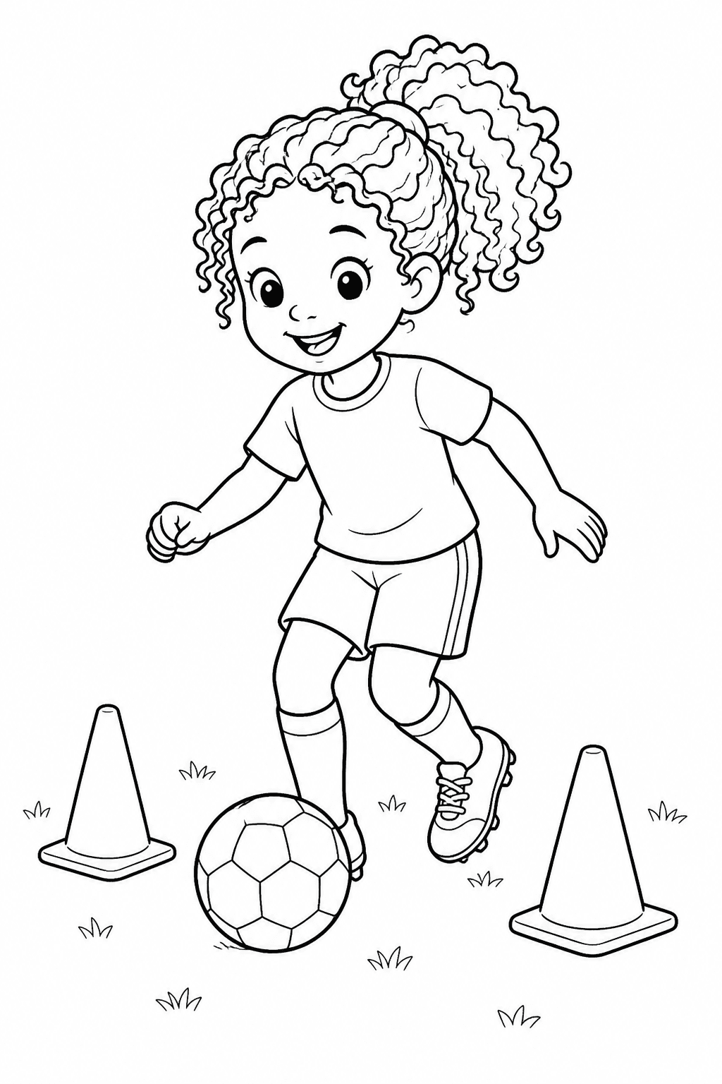 Menina driblando a bola entre cones para colorir