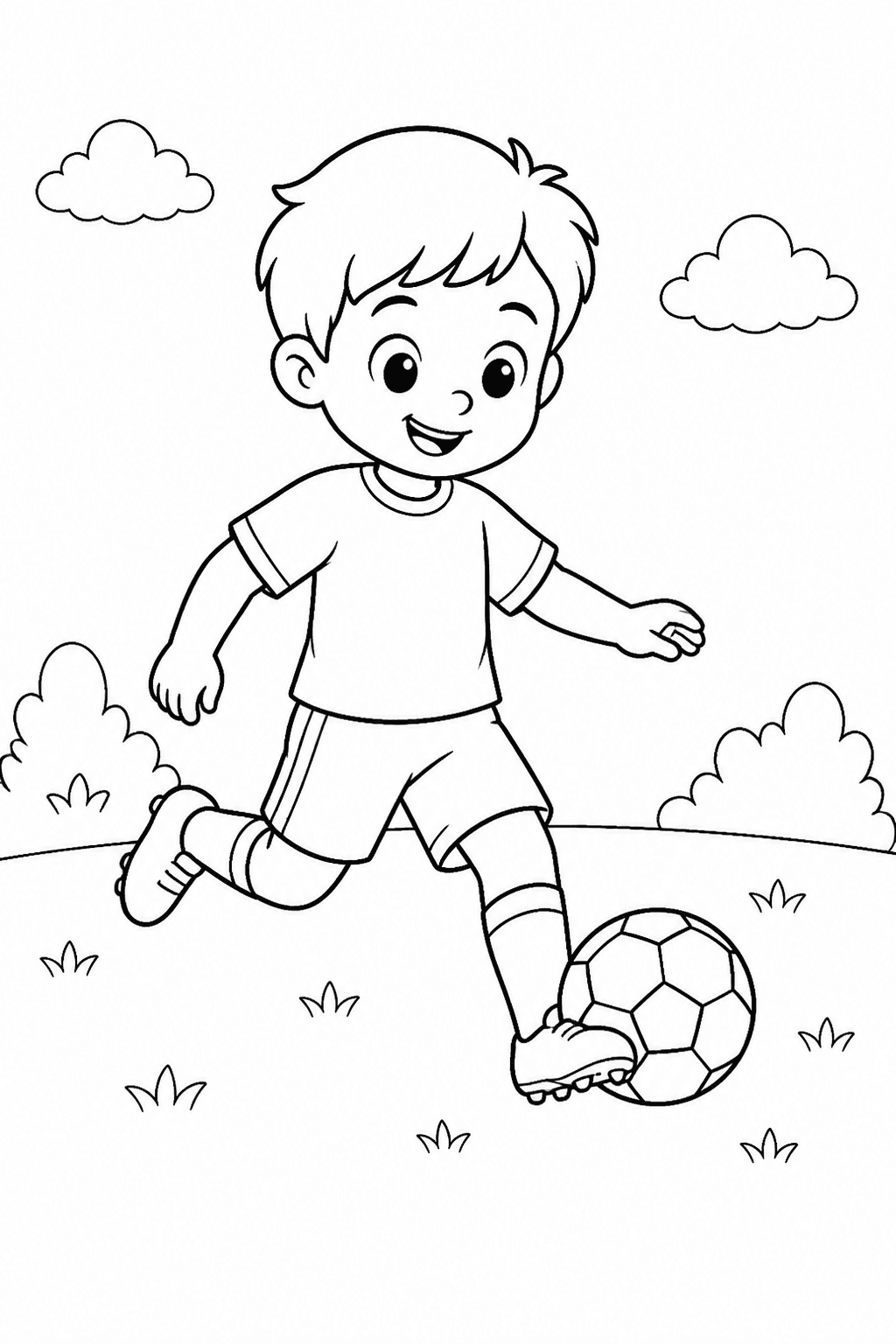 Menino jogando futebol em desenho infantil para colorir