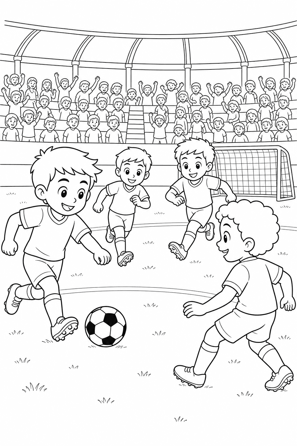 Partida infantil de futebol no estádio para colorir