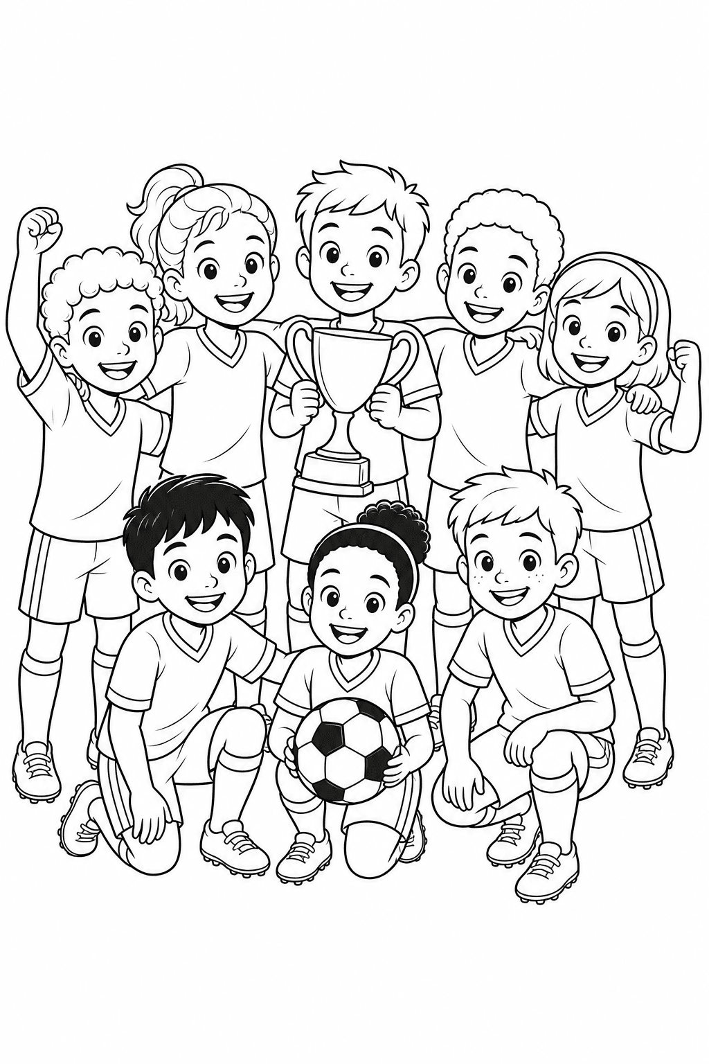Time infantil de futebol com bola e troféu para colorir