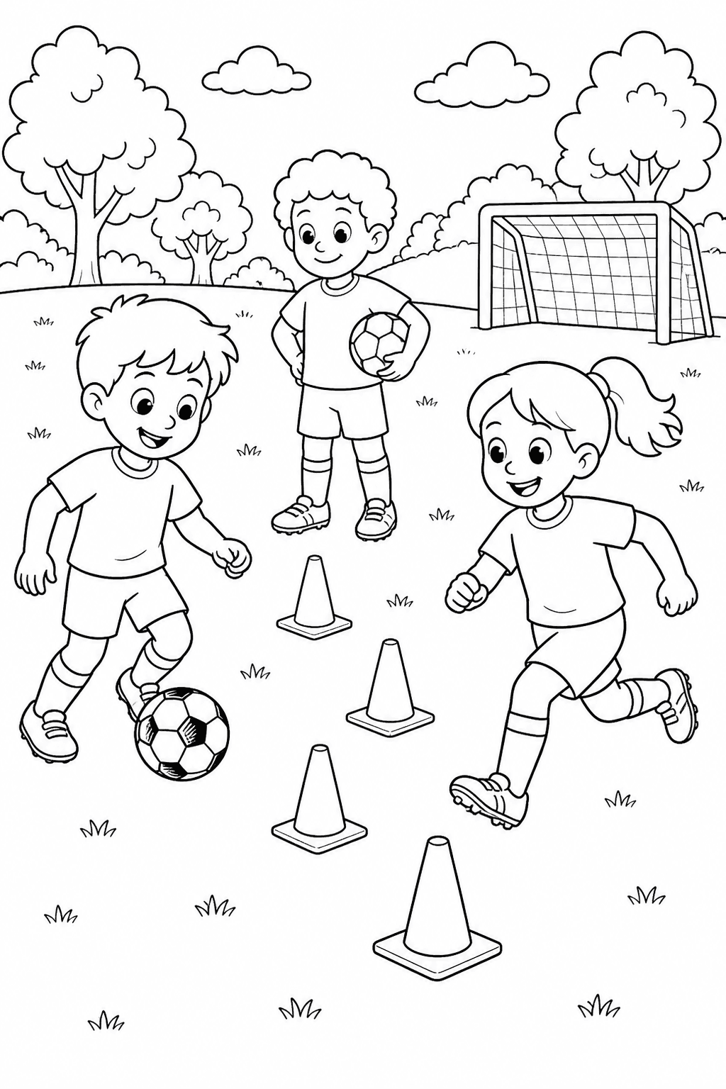 Crianças treinando futebol entre cones para colorir