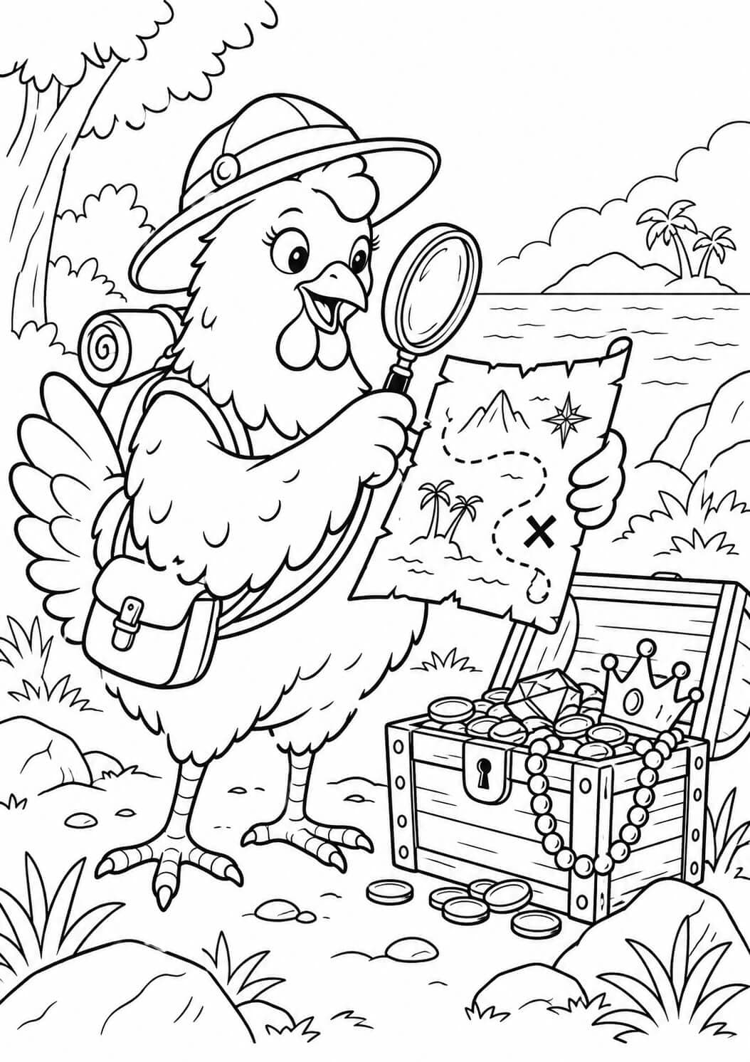 Galinha caçando tesouro para colorir