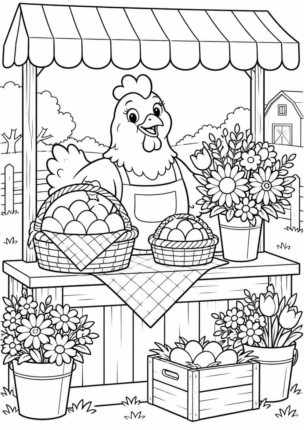 Galinha na feira para colorir
