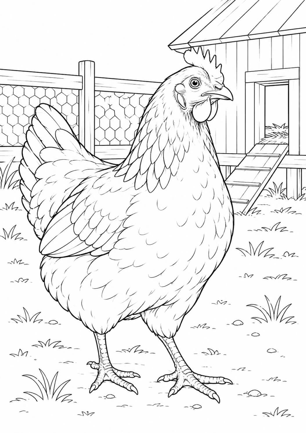 Galinha realista no galinheiro para colorir