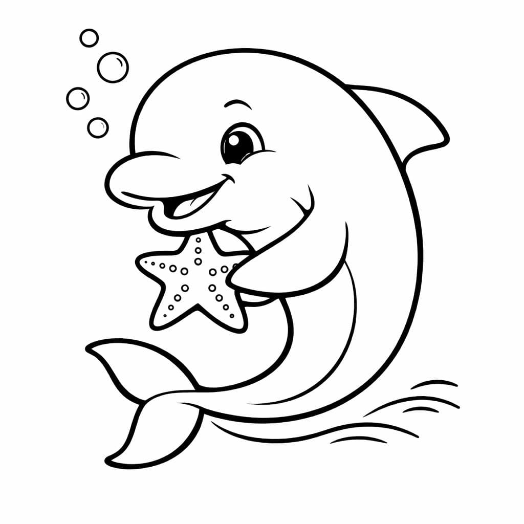 Golfinho brincando com estrela-do-mar para colorir