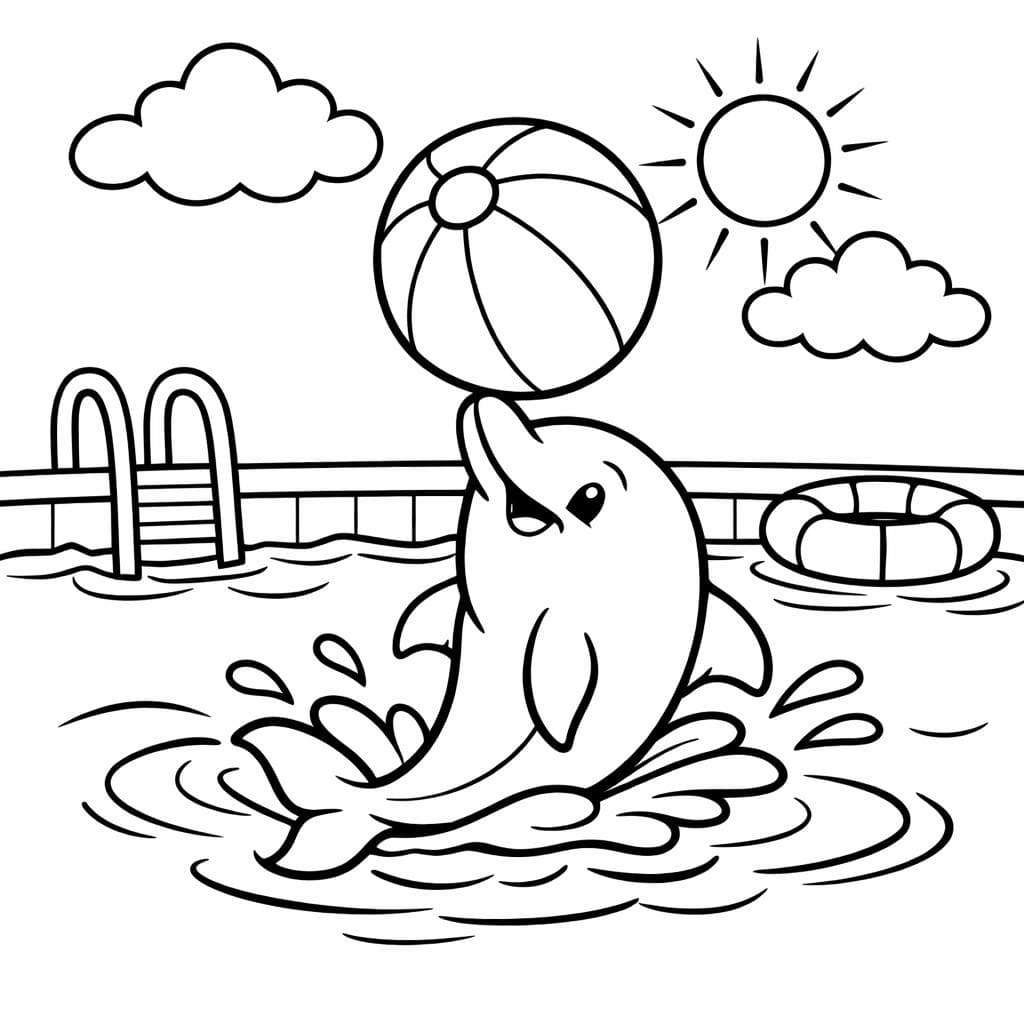 Golfinho com bola na piscina para colorir