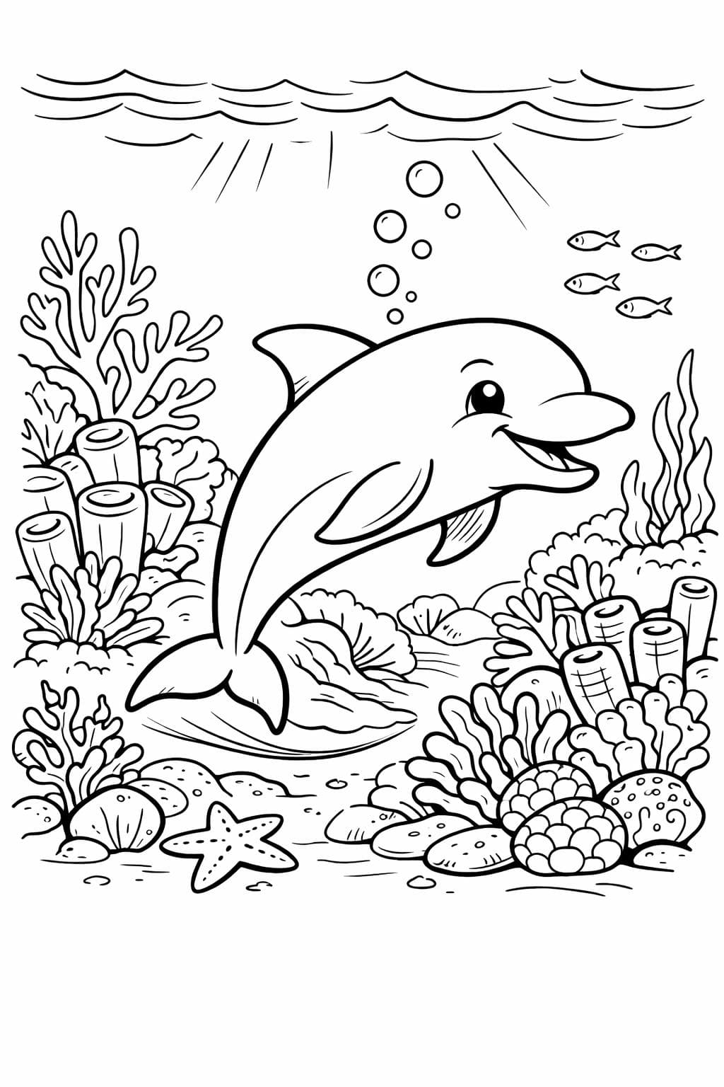 Golfinho no recife de corais para colorir