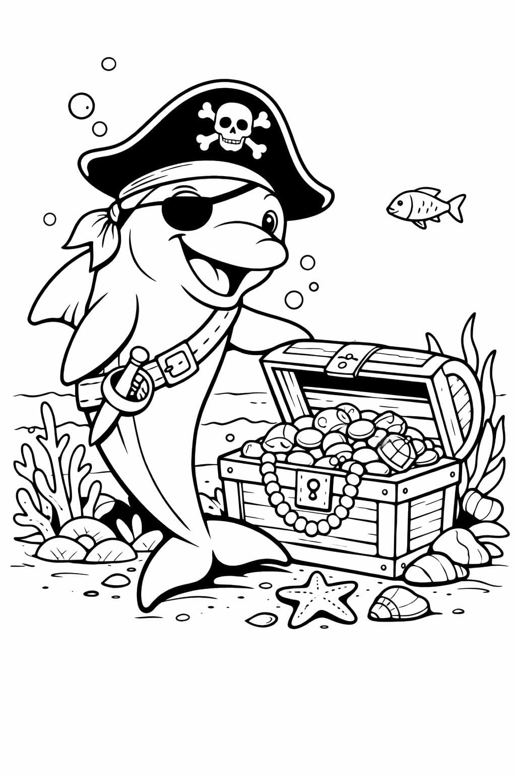 Golfinho pirata com cofre do tesouro para colorir