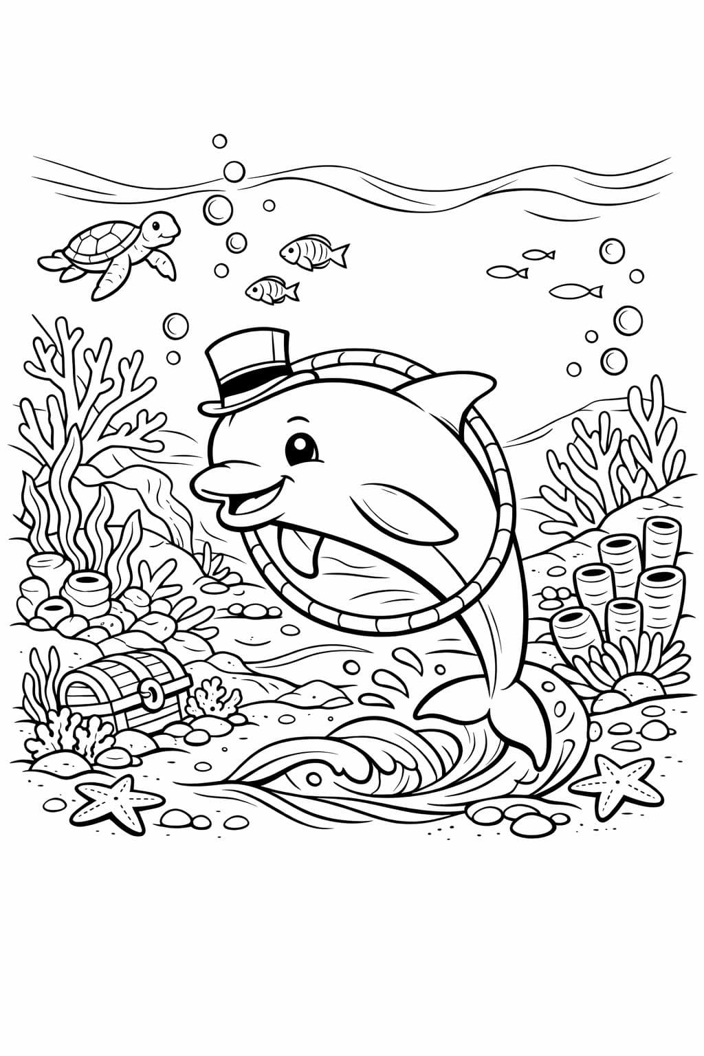 Golfinho pulando anel no recife de corais para colorir