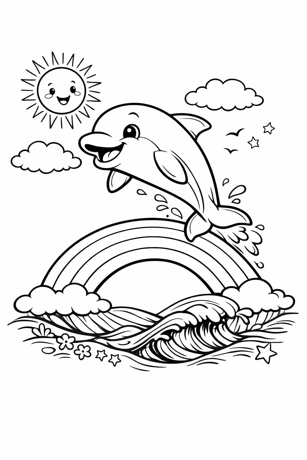 Golfinho saltando arco-íris para colorir