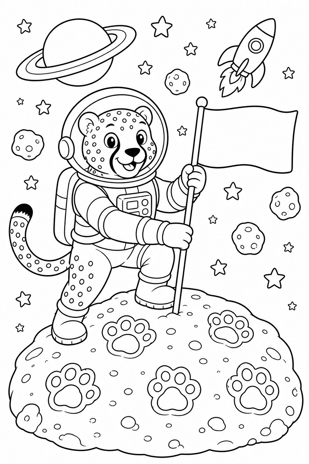 Guepardo astronauta explorando a lua para colorir