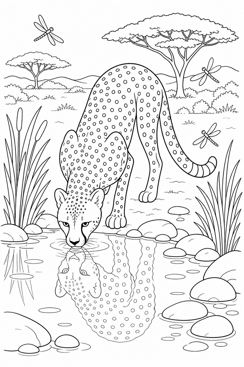 Guepardo bebendo água no lago para colorir