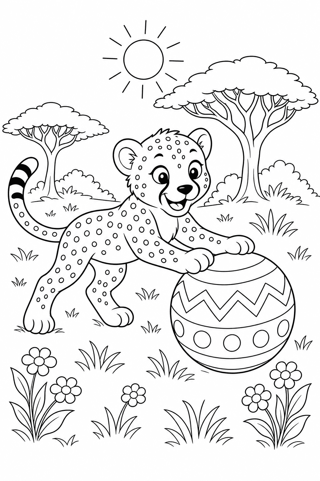 Guepardo brincando com bola na savana para colorir