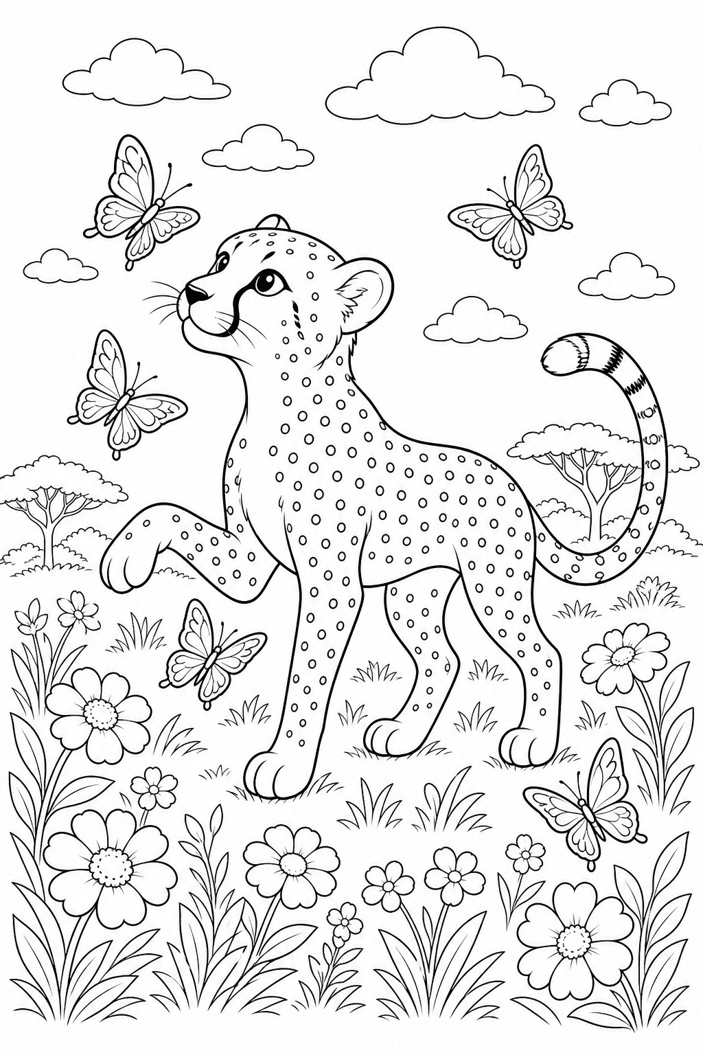 Guepardo cercado por flores e borboletas para colorir