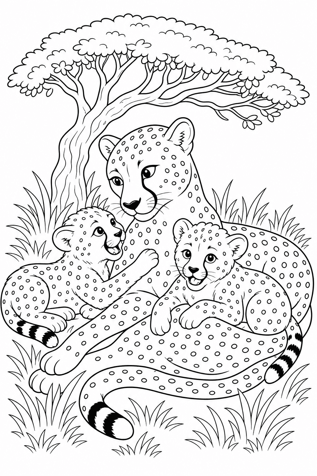 Família de guepardos com filhotes para colorir