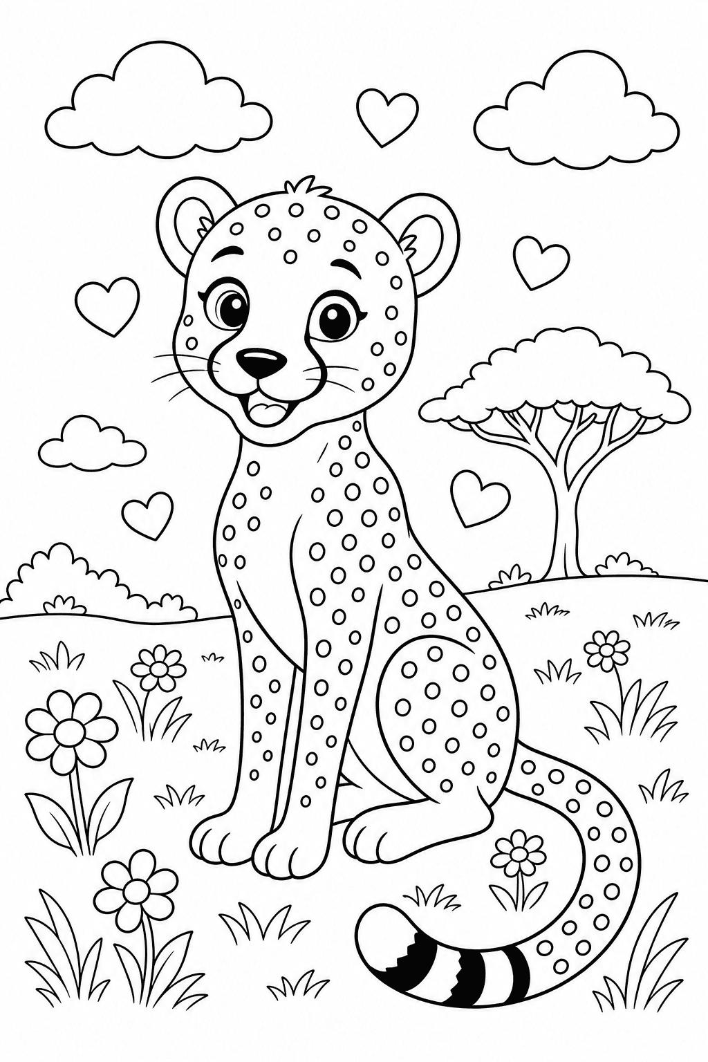 Guepardo fofo com flores e corações para colorir