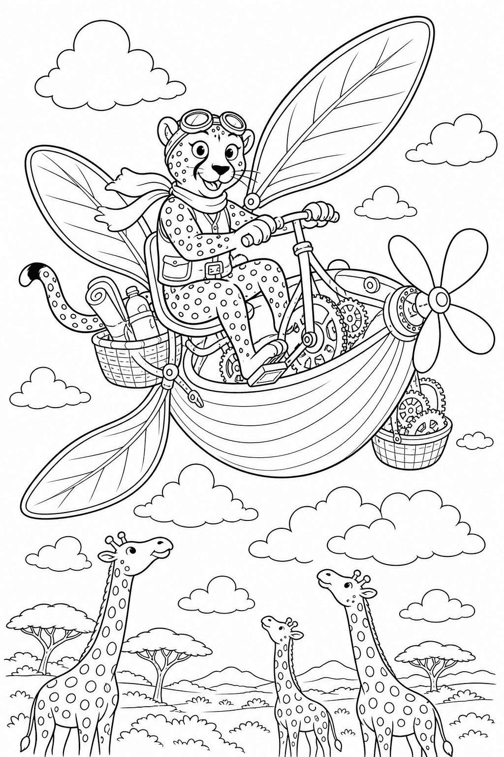 Guepardo inventor pilotando máquina voadora para colorir