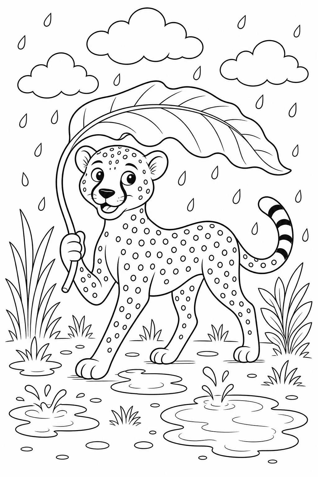 Guepardo com folha de guarda-chuva para colorir