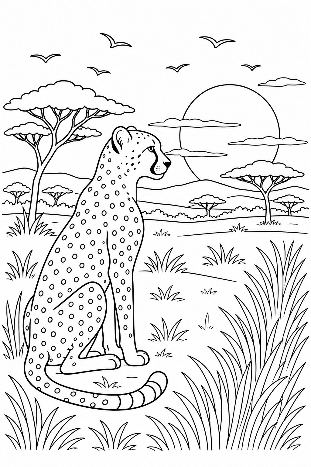 Guepardo admirando o pôr do sol para colorir