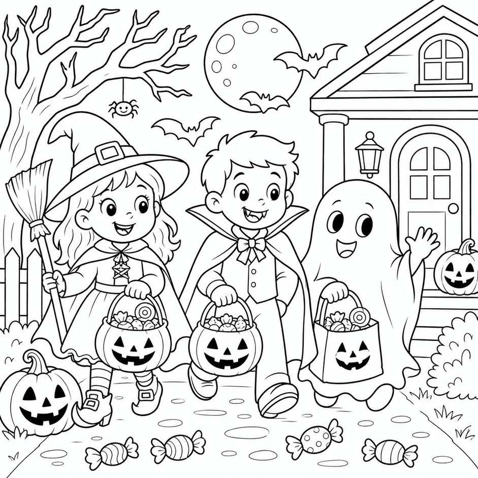 Crianças no Halloween para colorir