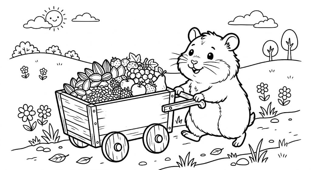 Hamster com carrinho de sementes para colorir