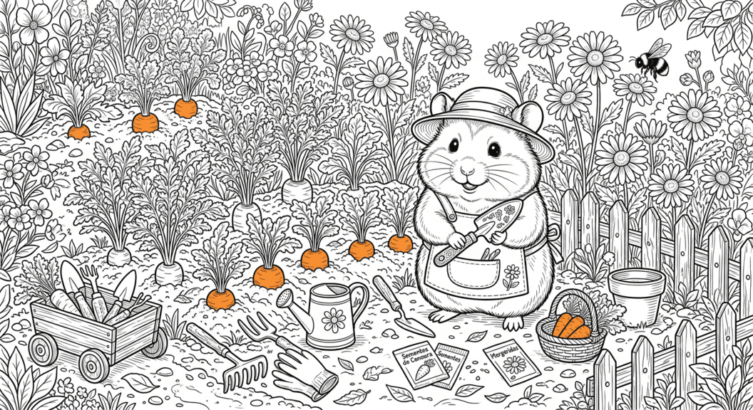 Hamster em cenário detalhado para colorir