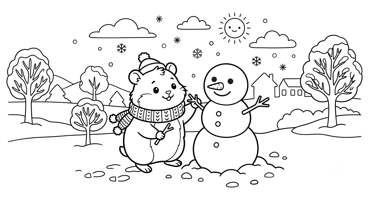 Hamster e boneco de neve para colorir