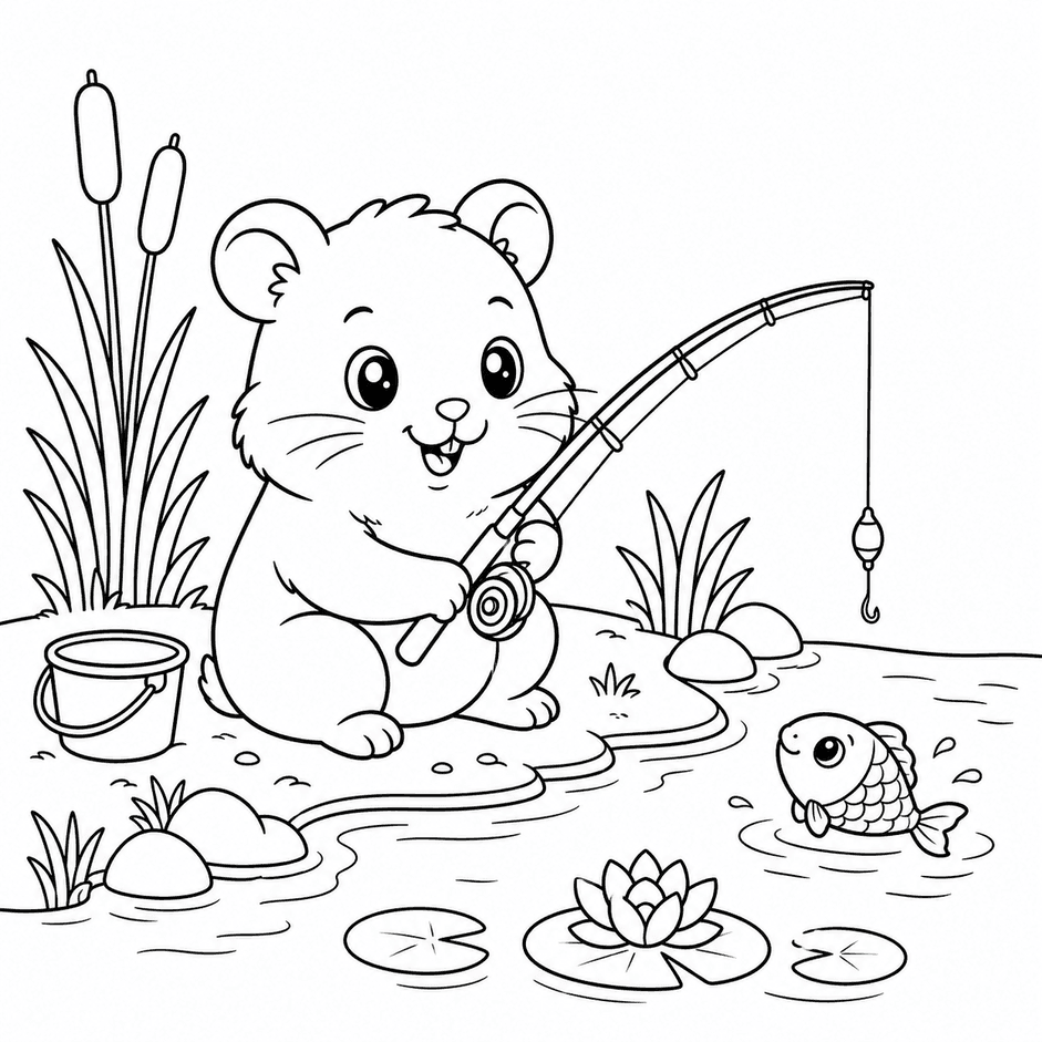 Hamster pescando para colorir
