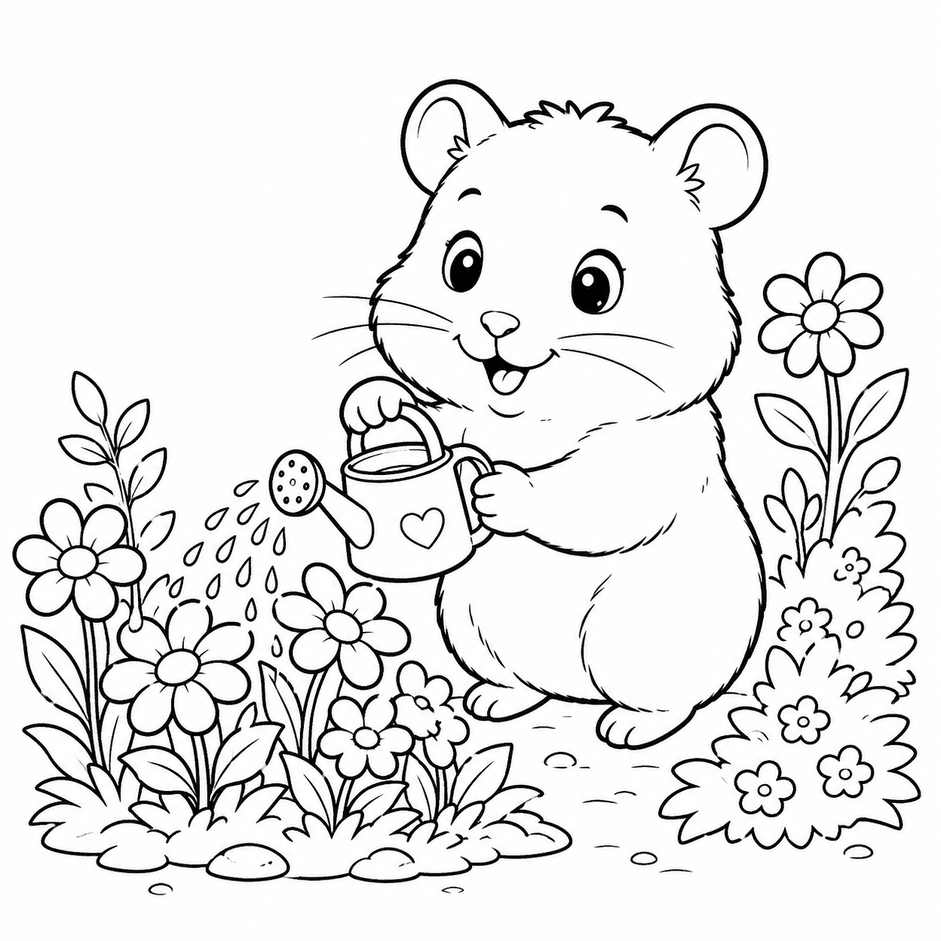 Hamster regando plantas para colorir
