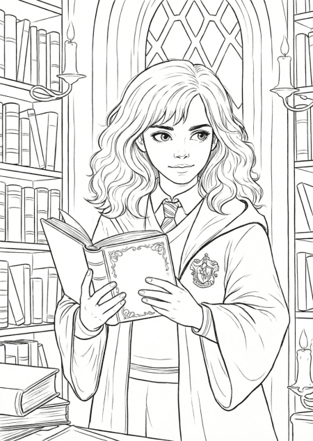 Hermione estudando para colorir
