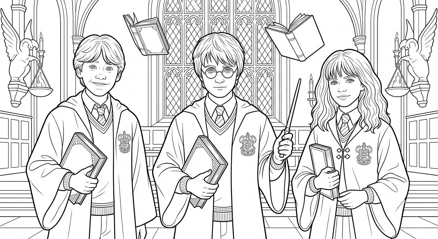 Hermione, Harry Potter e Rony para colorir