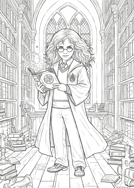 Hermione com livro mágico para colorir