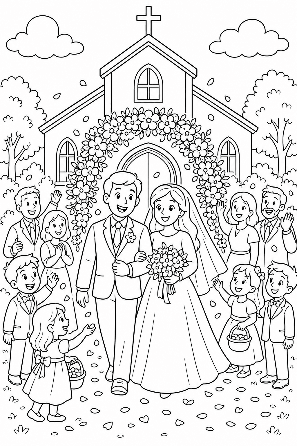 Casamento na frente da igreja para colorir