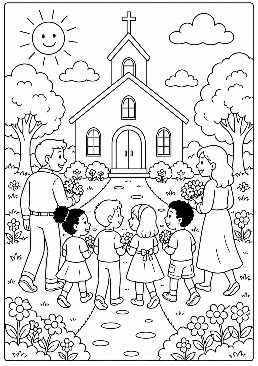 Crianças caminhando até a igreja para colorir