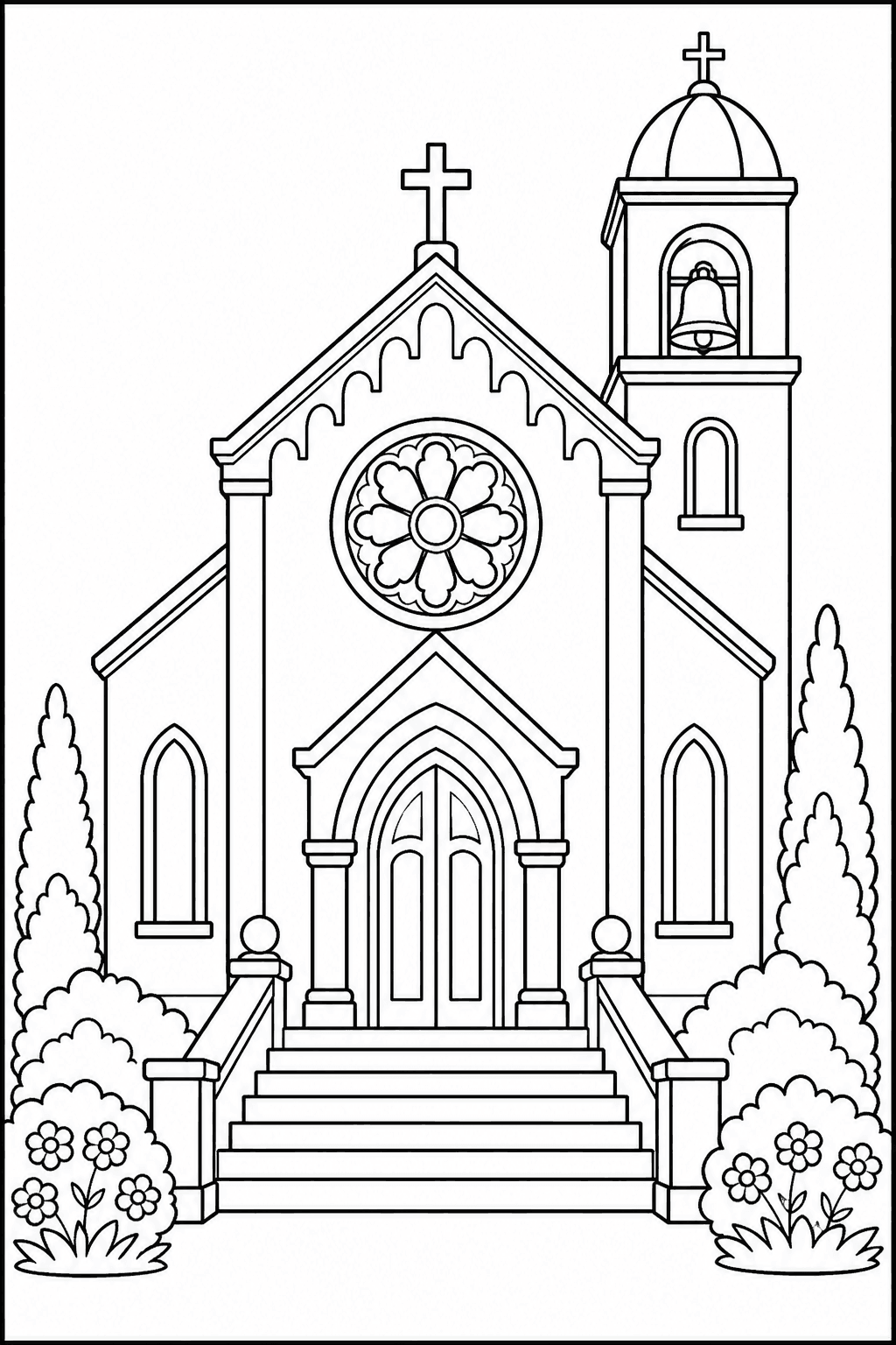 Fachada de igreja com torre e rosácea para colorir