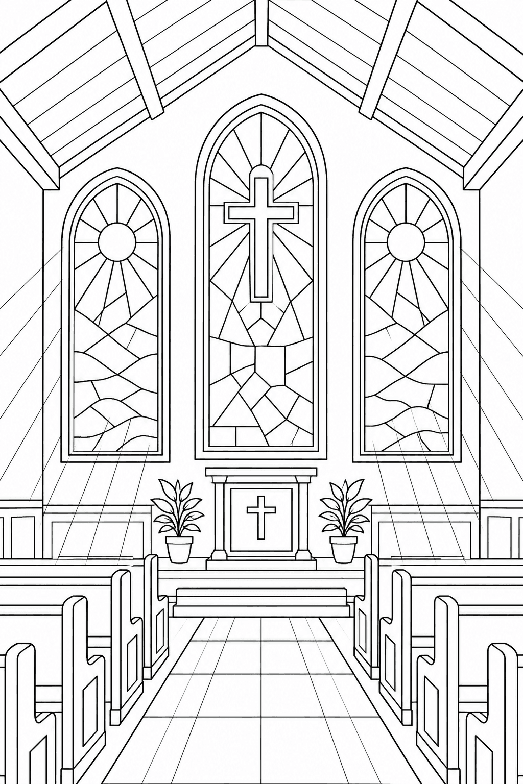 Igreja com grandes vitrais para colorir