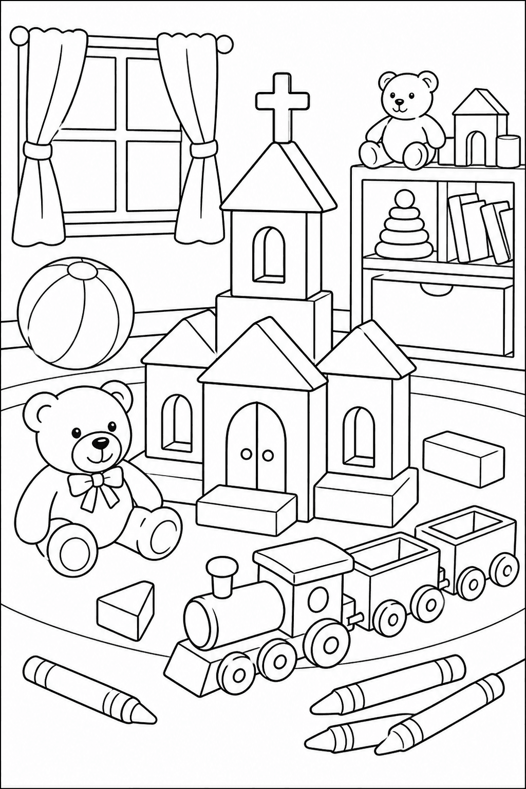 Igreja criativa feita de blocos de brinquedo para colorir