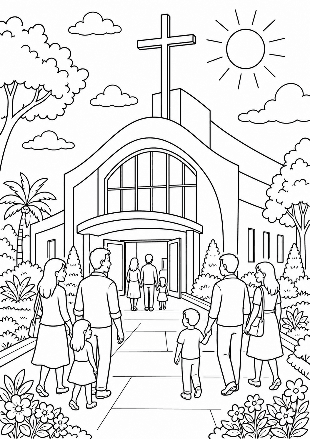 Igreja moderna com jardim para colorir