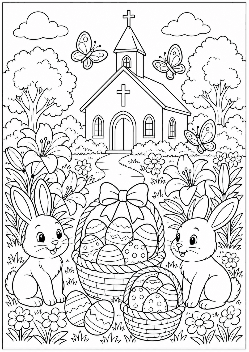 Igreja com jardim de Páscoa para colorir