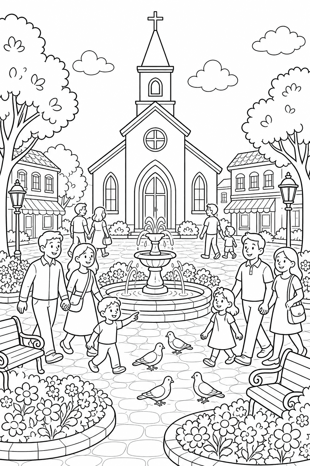 Igreja em uma praça com fonte para colorir