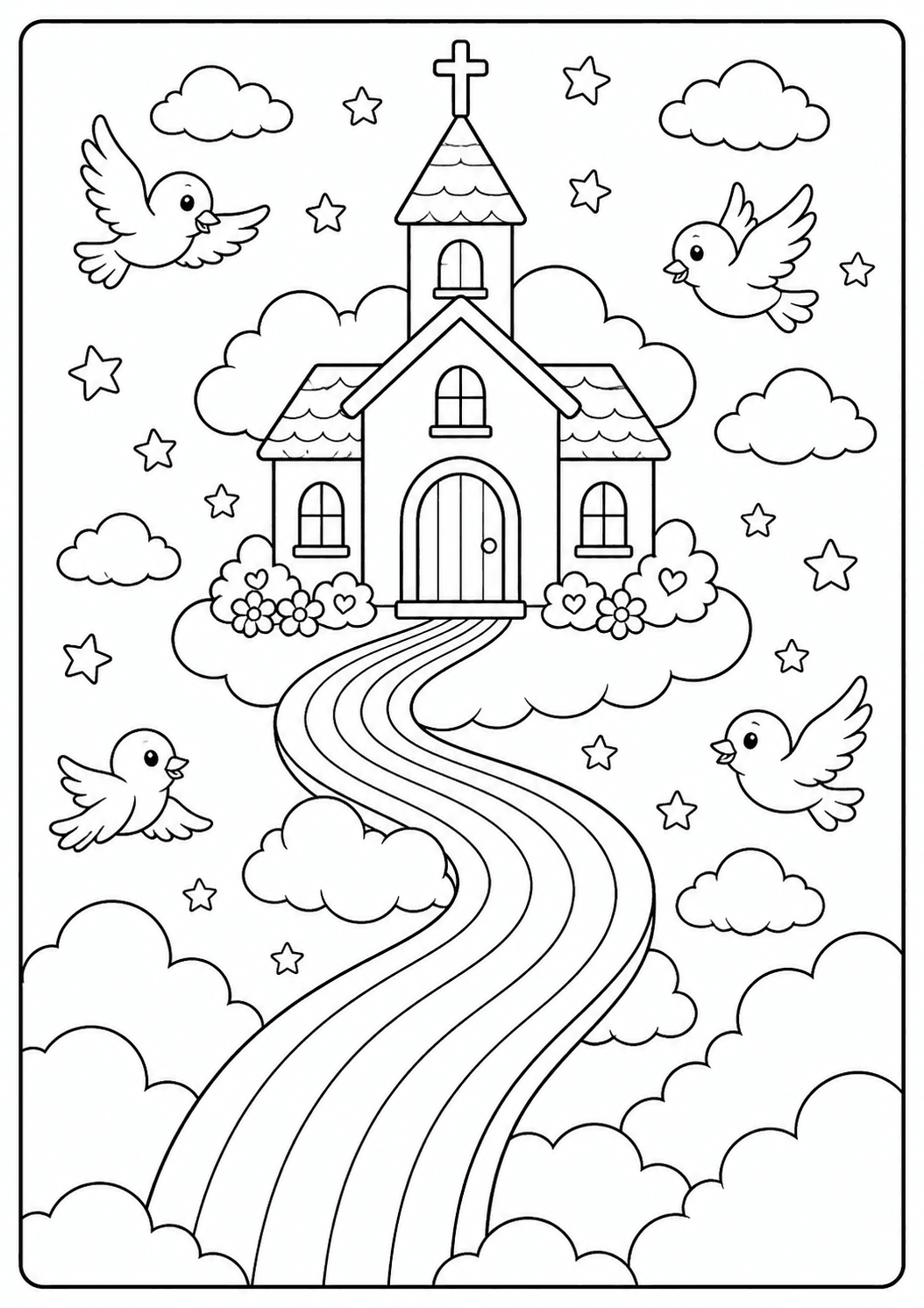 Igreja criativa flutuando nas nuvens para colorir