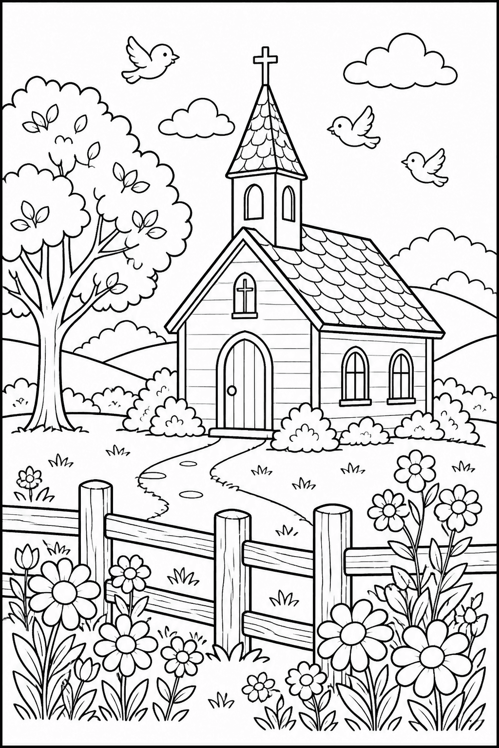 Igreja no campo com flores para colorir