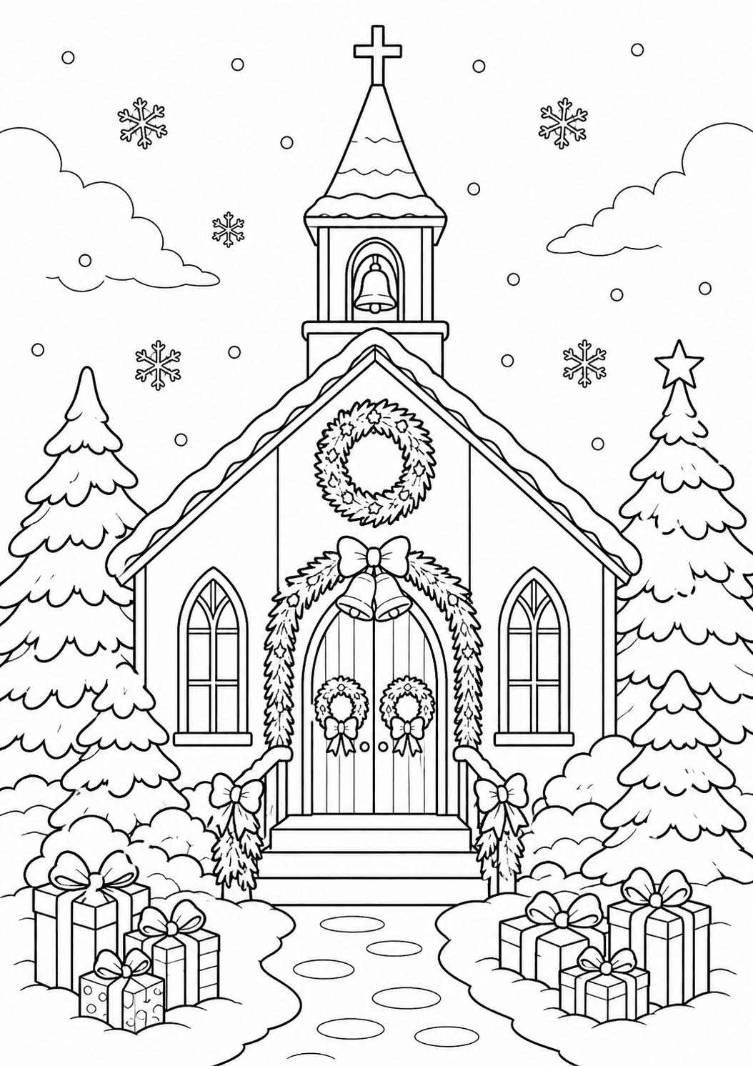 Igreja decorada para o Natal para colorir