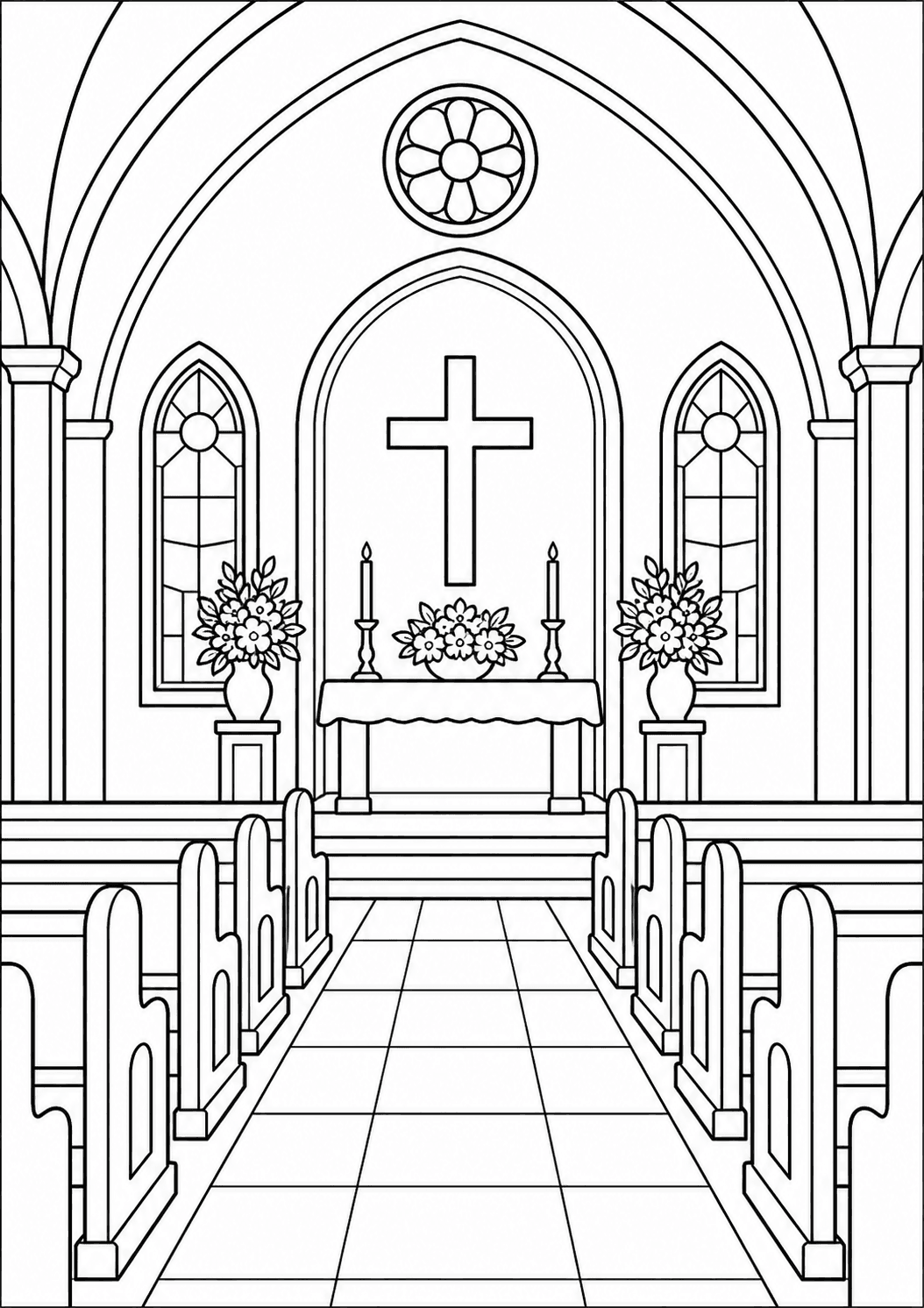 Interior da igreja com bancos e altar para colorir
