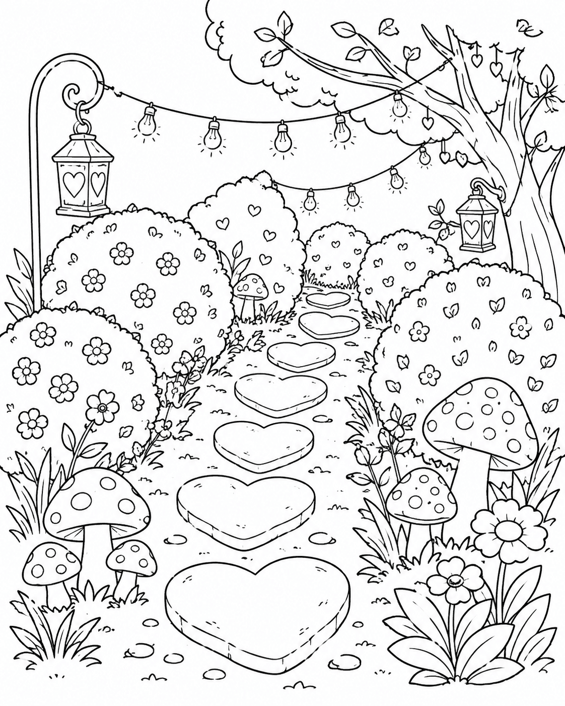 Caminho mágico no jardim encantado para colorir